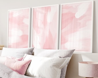 Set of 3 Abstract Prints, Pink and White Brush Strokes Painting Wall Art, Minimalist Modern Girls Room Nursery Bedroom Wall Decor, Printable