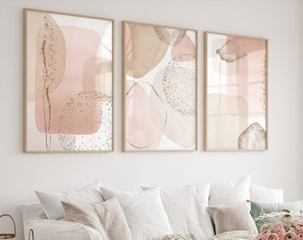 Set of 3 Abstract Prints, Beige, Pink & Gold Wall Art, Watercolor Abstract Art, Neutral Minimalist Bedroom Living Room Wall Decor, Printable