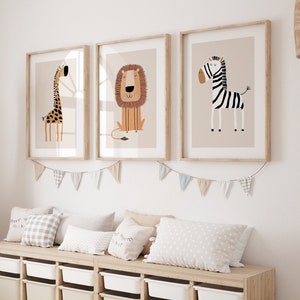 Impresiones de pared de vivero Safari, Impresiones de vivero Boho, Conjunto de 3 impresiones, Impresiones de vivero beige, Arte de pared de vivero Boho, Decoración de vivero, Arte imprimible