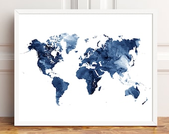 World Map Print, World Map Poster, World Map Art Watercolor, Blue And White, Modern Wall Art, Home Office Decor, Travel Art, Printable Art