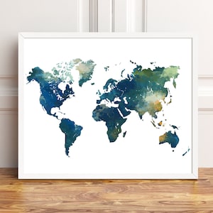 Weltkarte Aquarell Druck, Weltkarte Poster Aquarell Türkis Blau Grün, moderne Wandkunst, Home-Office-Dekor, Reise, digitale druckbare Kunst