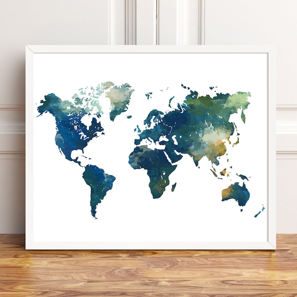 Weltkarte Aquarell Druck, Weltkarte Poster Aquarell Türkis Blau Grün, moderne Wandkunst, Home-Office-Dekor, Reise, digitale druckbare Kunst