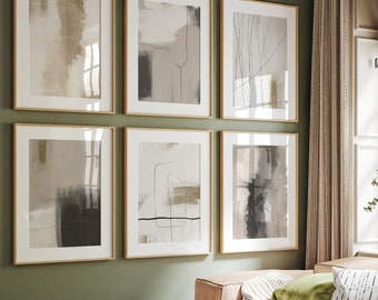 Neutral Gallery Wall Art Set of 6 Abstract Prints, Beige Black White Abstract Minimalist Brush Strokes, Line Art, Modern Wall Art, Printable