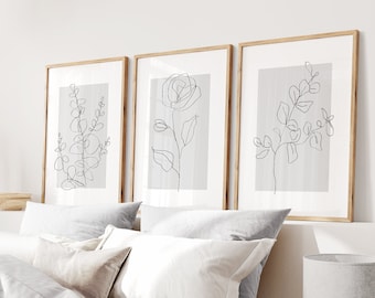 Neutral Wall Art Prints, Botanical Line Art, Set of 3 Gray Plant Prints, Minimalist Modern Bedroom Living Room Wall Decor, Printable Art