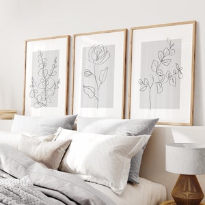 Neutral Wall Art Prints, Botanical Line Art, Set of 3 Gray Plant Prints, Minimalist Modern Bedroom Living Room Wall Decor, Printable Art