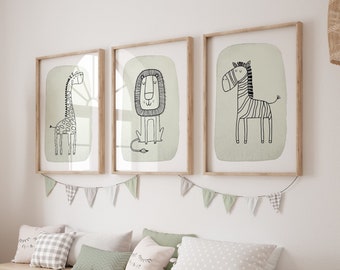 Safari Nursery Wall Art Prints, Sage Green Nursery Prints, Neutral Nursery Set of 3 Prints, Nursery Wall Art, Nursery Decor, Printable Art