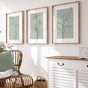 Sage Green Wall Art Prints, Botanical Line Art, Set of 3 Prints, Minimalist Modern Neutral Bedroom Living Room Wall Decor, Printable Art
