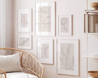 Neutral Wall Art Prints, Botanical Line Art, Set of 6 Beige Plant Prints, Minimalist Modern Bedroom Living Room Wall Decor, Printable Art