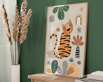 Boho väggkonst för barnrum, tigertryck, safari-barnrumstryck, boho barnrumskonsttryck, grön, beige, orange, neutral barnrumsdekor, utskrivbar konst