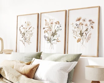 Watercolor Botanical Prints, Wildflowers Wall Art, Floral Farmhouse Art, Set of 3 Plant Prints, Neutral Modern Home Wall Decor, Printable