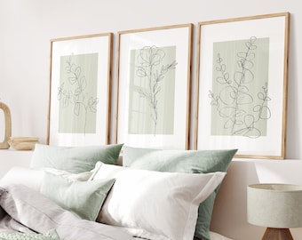 Sage Green Wall Art Prints, Botanical Line Art, Set of 3 Prints, Minimalist Modern Neutral Bedroom Living Room Wall Decor, Printable Art