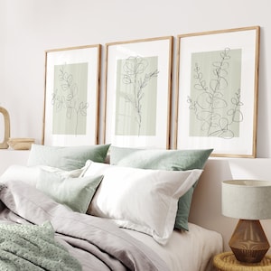 Sage Green Wall Art Prints, Botanical Line Art, Set of 3 Prints, Minimalist Modern Neutral Bedroom Living Room Wall Decor, Printable Art