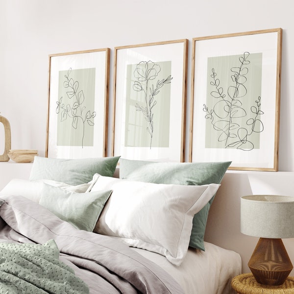 Sage Green Wall Art Prints, Botanical Line Art, Set of 3 Prints, Minimalist Modern Neutral Bedroom Living Room Wall Decor, Printable Art