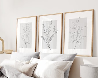 Neutral Wall Art Prints, Botanical Line Art, Set of 3 Light Grey Plant Prints, Minimalist Modern Bedroom Living Room Wall Decor, Printable