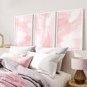 Conjunto de 3 impresiones abstractas, pinceladas rosas y blancas pintando arte de la pared, decoración minimalista de la pared del dormitorio de la guardería de la habitación de las niñas modernas, imprimible