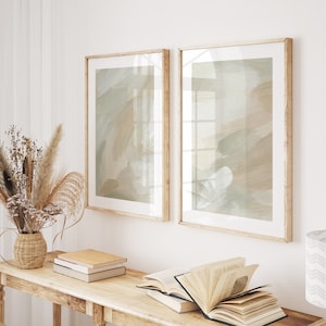 Set van 2 abstracte print, beige en saliegroene schilderkunst, neutrale aardetinten minimalistische slaapkamer woonkamer muur kunst decor, afdrukbare kunst