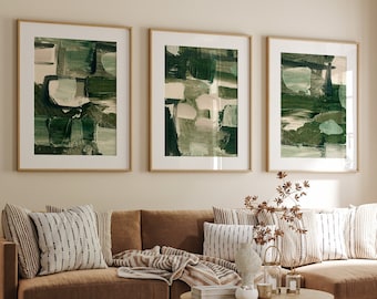 Abstract Sage Green Wall Art, Green Beige Brush Strokes Art Set of 3 Prints, Minimalist Modern Bedroom Living Room Wall Decor, Printable Art