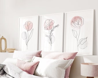 Set of 3 Botanical Line Art Prints, Pink & Gray Watercolor Wall Art, Minimalist Modern Girls Room Nursery Bedroom Wall Decor, Printable Art