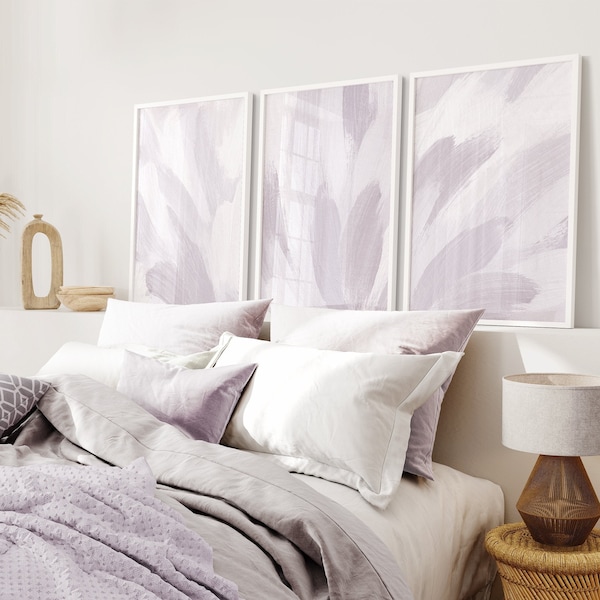 Set of 3 Abstract Print, White and Lilac Painting Wall Art, Neutral Soft Tones Minimalist Bedroom Living Room Wall Art Decor, Printable Art