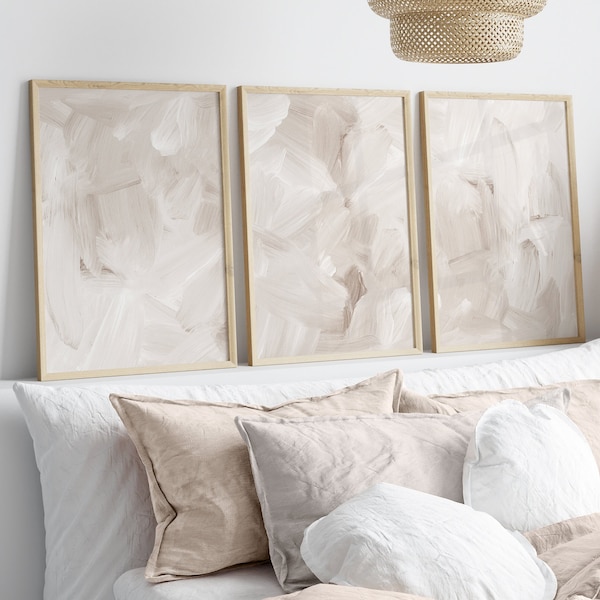 Set van 3 abstracte print, wit beige penseelstreken kunst aan de muur, neutrale zachte tinten minimalistische slaapkamer woonkamer muur kunst decor, afdrukbare kunst