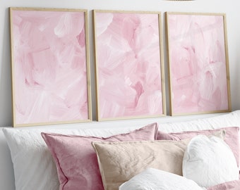 Conjunto de 3 láminas decorativas rosas para pared, arte abstracto con pinceladas blancas y rosas, decoración minimalista moderna para habitación infantil o dormitorio de niñas, láminas imprimibles.