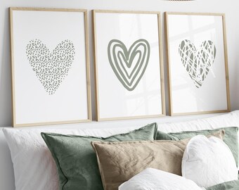 Sage Green Love Heart Prints, Set of 3 Abstract Art, Love Heart Wall Prints, Sage Green Bedroom Wall Decor, Couples Wall Art, Printable Art