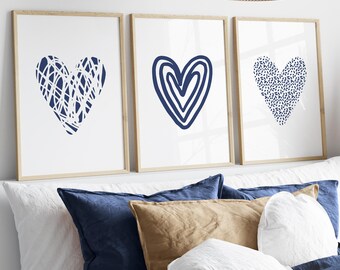 Blue Love Heart Prints, Set of 3 Abstract Art, Love Heart Wall Prints, Navy Blue Bedroom Wall Decor, Couples Wall Art, Nursery Printable Art