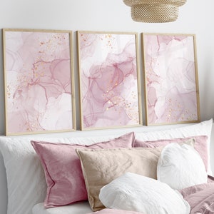 Pink Wall Art Prints Set of 3, Abstract Pink Gold Wall Art, Minimal Modern Girls Room Nursery Bedroom Living Room Wall Decor, Printable Art