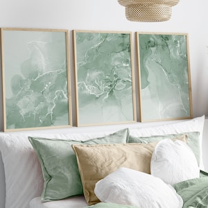Sage Green Wall Art Prints, Abstract Set of 3 Prints, Marble Wall Prints, Green, White, Modern Bedroom Living Room Wall Decor, Printable Art
