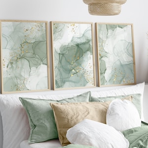 Salie groene Wall Art Prints, abstracte set van 3 prints, marmeren muur prints, groen, goud, moderne slaapkamer woonkamer muur decor, afdrukbare kunst