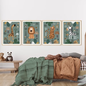 Safari Nursery Wall Prints, Boho Nursery Prints, Set of 4 Prints, Green Nursery Prints, Boho Nursery Wall Art, Nursery Decor, Printable Art