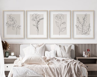 Impressões de arte de parede neutra, arte de linha botânica, conjunto de 4 impressões de plantas bege, decoração de parede de sala de estar minimalista e moderna, arte para impressão