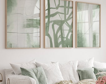 Sage Green Wall Art Prints, Abstract Set of 3 Prints, Minimalist Brush Strokes, Line Art, Modern Neutral Gallery Wall Decor, Printable Art