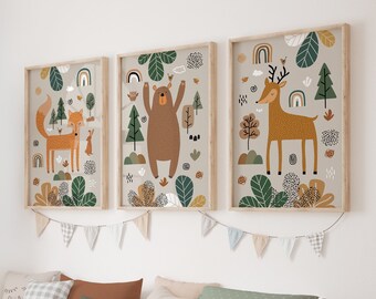 Arte de pared de vivero boho, impresiones de vivero de bosques, decoración de vivero verde, arte de pared de vivero neutro, decoración de vivero, conjunto de 3 impresiones, arte imprimible