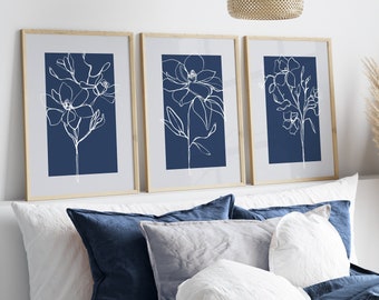 Blue Wall Art Prints, Botanical Line Art, Set of 3 Plant Prints, Blue, Grey, Minimalist Modern Bedroom Living Room Wall Decor, Printable Art