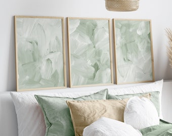 Set of 3 Sage Green Wall Art Prints, Abstract Green White Brush Strokes Art, Minimalist Modern Bedroom Living Room Wall Decor, Printable Art