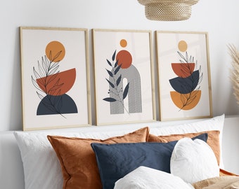 Set of 3 Boho Wall Prints, Boho Wall Art, Terracotta & Navy Blue Wall Prints, Terracotta Wall Decor, Blue and Orange Wall Art, Printable Art