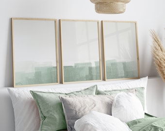 Set of 3 Sage Green Wall Art Prints, Minimalist Abstract Green Gray Brush Strokes Art, Modern Bedroom Living Room Wall Decor, Printable Art