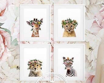 Safari Nursery Decor, Safari Baby Animals With Flower Crown Set 4, Lion, Cheetah, Zebra, Giraffe, Nursery Wall Art, Baby Room Printable Art