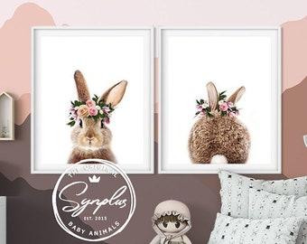 Bunny Rabbit Print, Set of 2 Bunny Prints, Bunny with Flower Crown, Nursery Wall Art, Animal Prints, Girls Room Decor, Synplus Printable Art