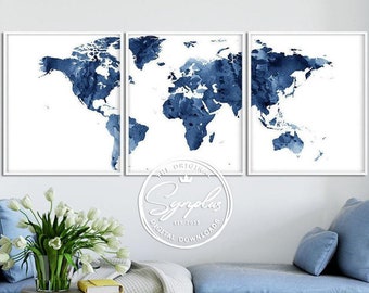 World Map Print, World Map Watercolor Set of 3, World Map Triptych Navy Blue, Modern Wall Art, Poster Map, Home Office Decor, Printable Art