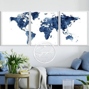 World Map Print, World Map Watercolor Set of 3, World Map Triptych Navy Blue, Modern Wall Art, Poster Map, Home Office Decor, Printable Art
