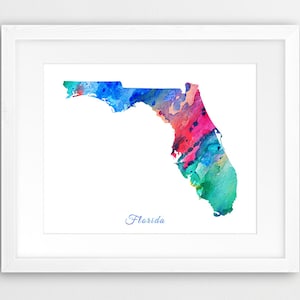 Florida kaart aquarel print, USA staat Florida silhouet aquarel groen blauw rood roze, moderne muurkunst, Home Office decor, afdrukbare kunst