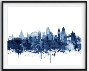 Impresión del horizonte de Londres, azul marino de la acuarela de la ciudad de Londres, paisaje urbano de Londres Reino Unido, arte moderno de la pared, decoración del Ministerio del Interior, arte imprimible