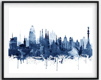 Barcelona Skyline Print, Barcelona Aquarell Marineblau, Barcelona Spanien Stadtbild, Barcelona Stadt Wandkunst, moderne Wohnkultur druckbare Kunst