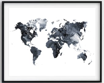 World Map Watercolor Print, World Map Poster Watercolor Grey Black And White, Modern Wall Art, Home Office Decor, Travel Art, Printable Art