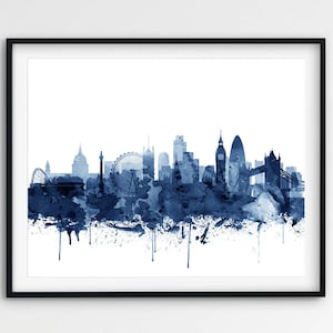 Impressão do horizonte de Londres, aquarela da cidade de Londres azul marinho, paisagem urbana de Londres Reino Unido, arte moderna de parede, decoração de escritório doméstico, arte para impressão
