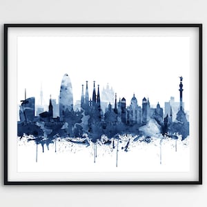 Barcelona Skyline Print, Barcelona aquarel marineblauw, Barcelona Spanje stadsgezicht, Barcelona City Wall Art, moderne Home Decor afdrukbare kunst