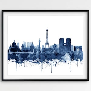 Paris Skyline Print, Paris City Watercolor Navy Blue, Paris France Cityscape, Modern Wall Art, Travel Art, Home Office Decor, Printable Art