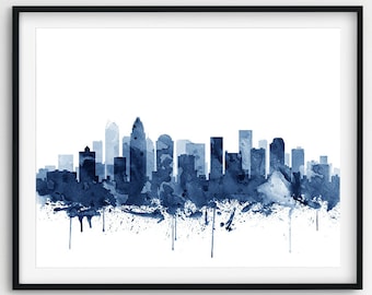 Charlotte Skyline Print, Charlotte Watercolor Navy Blue, Charlotte North Carolina Cityscape, Modern Wall Art, Home Decor, Printable Art
